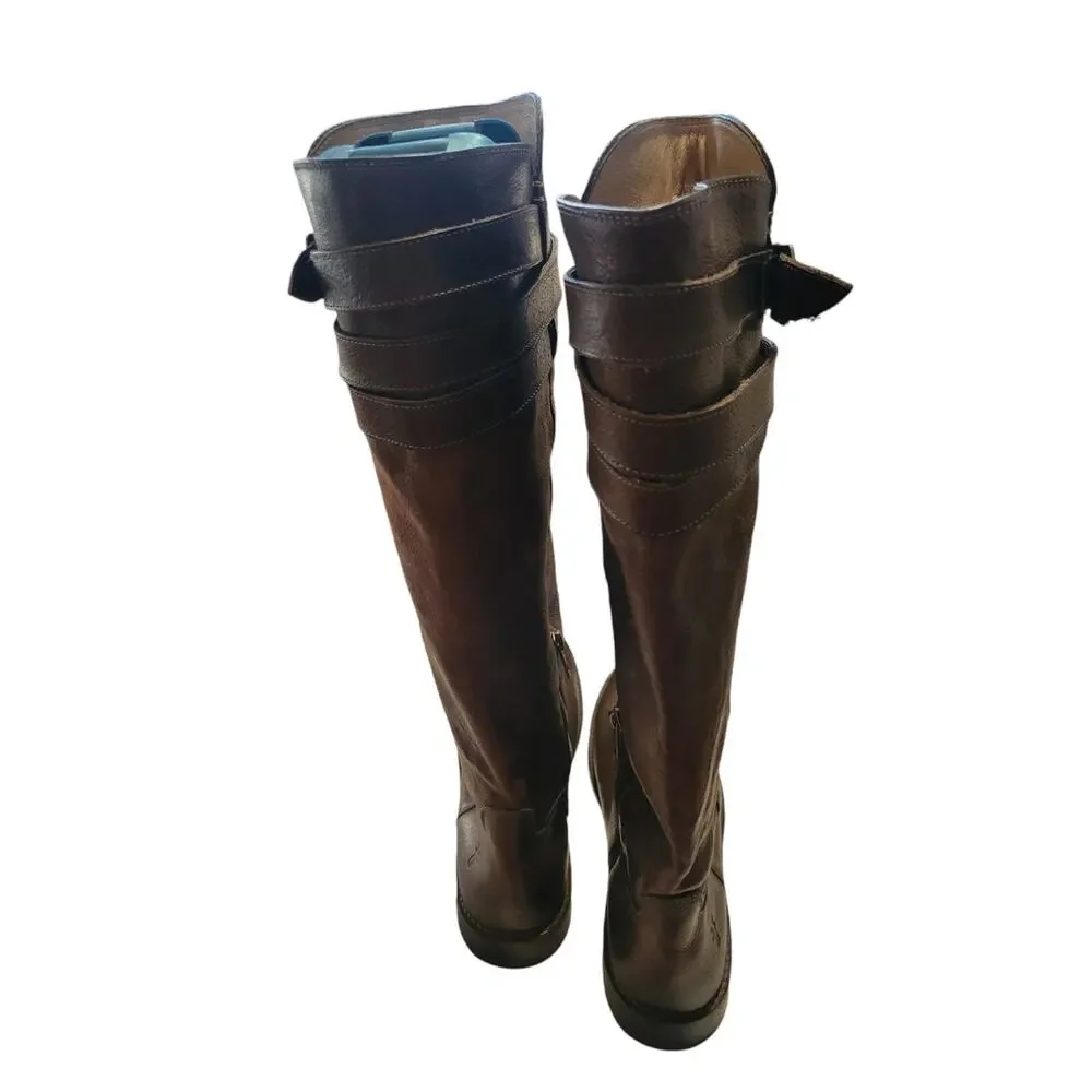Frye Tall Riding Boots Shirley Strappy Women Brown Leather Buckle Zipper 8 B